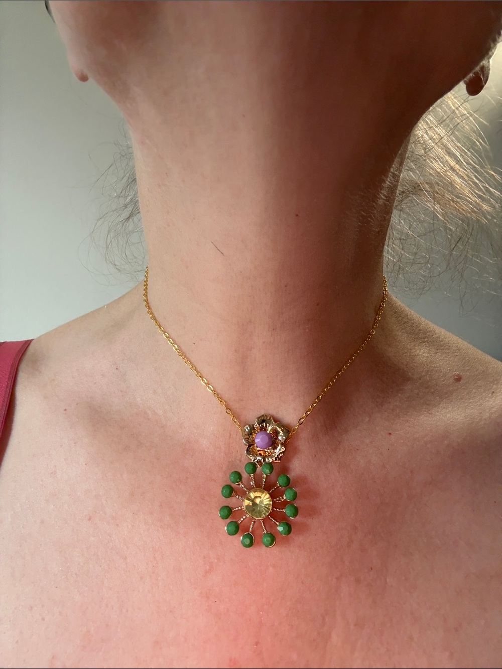 Hand-Crafted Gold Floral Pendant Necklace with Green and Purple Accents-Shorter